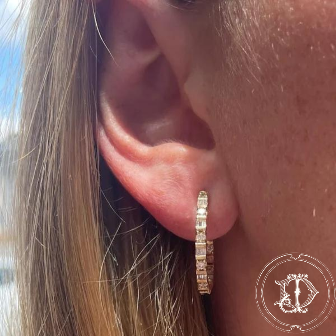 Diamond Baguette and Round diamond Hoop Earrings