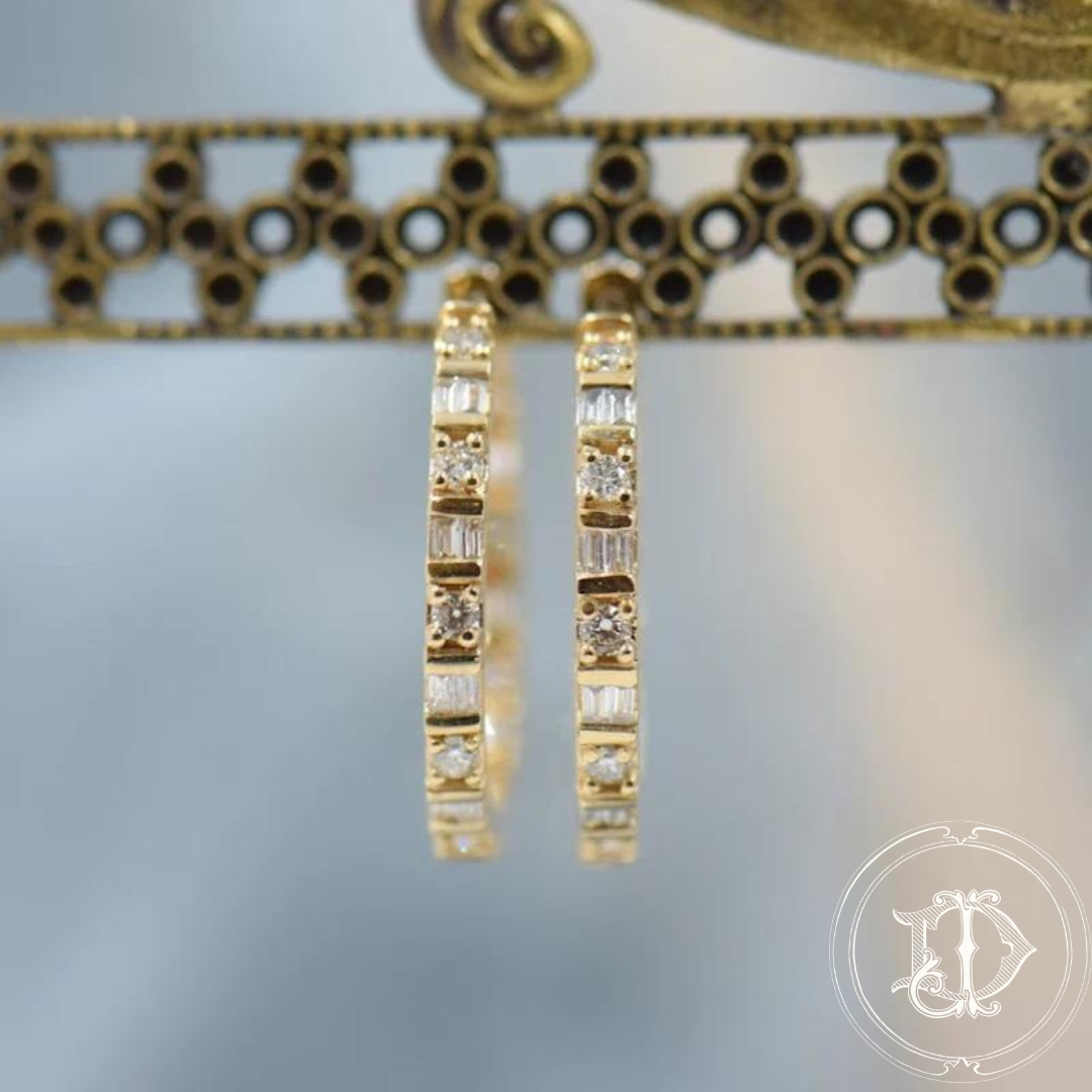 Diamond Baguette and Round diamond Hoop Earrings