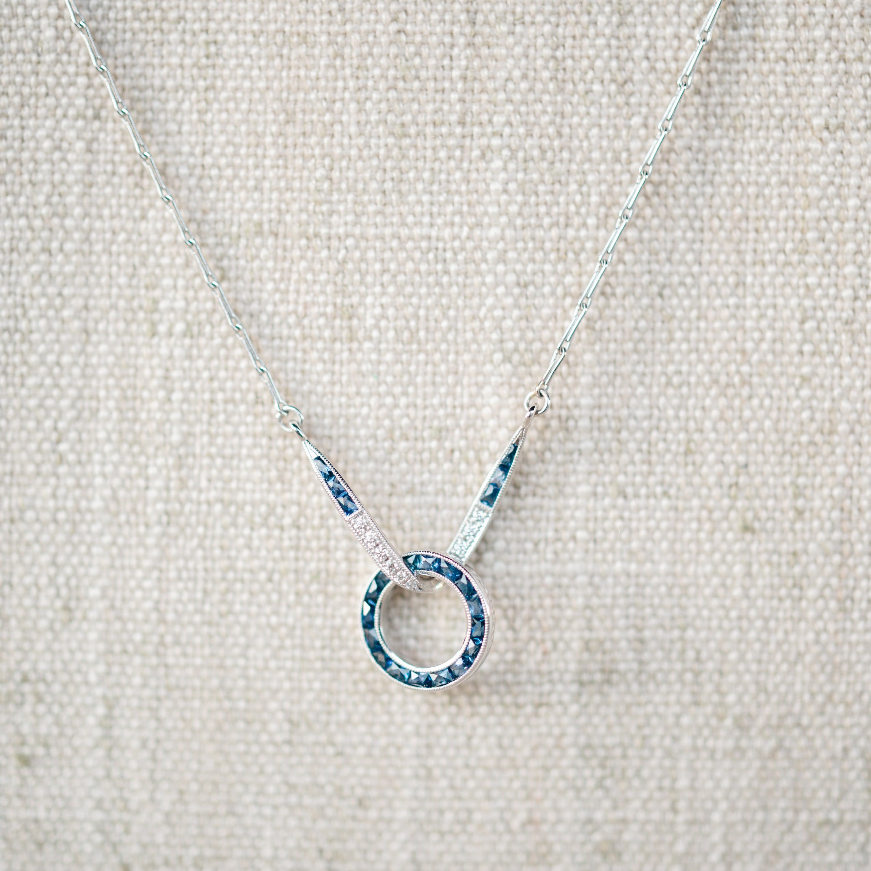art deco inspired sapphire and diamond infinity necklace