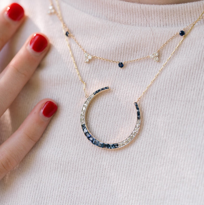 Diamond and Sapphire Crescent Necklace