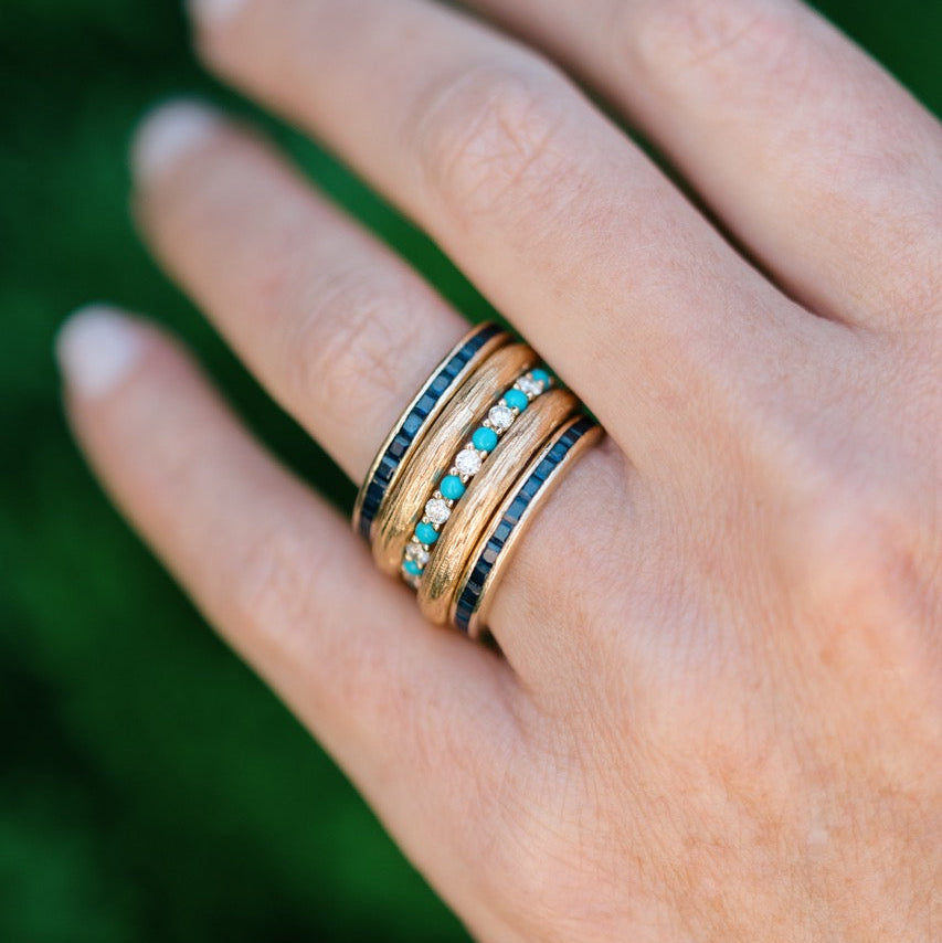 diamond and turquoise eternity band yellow gold