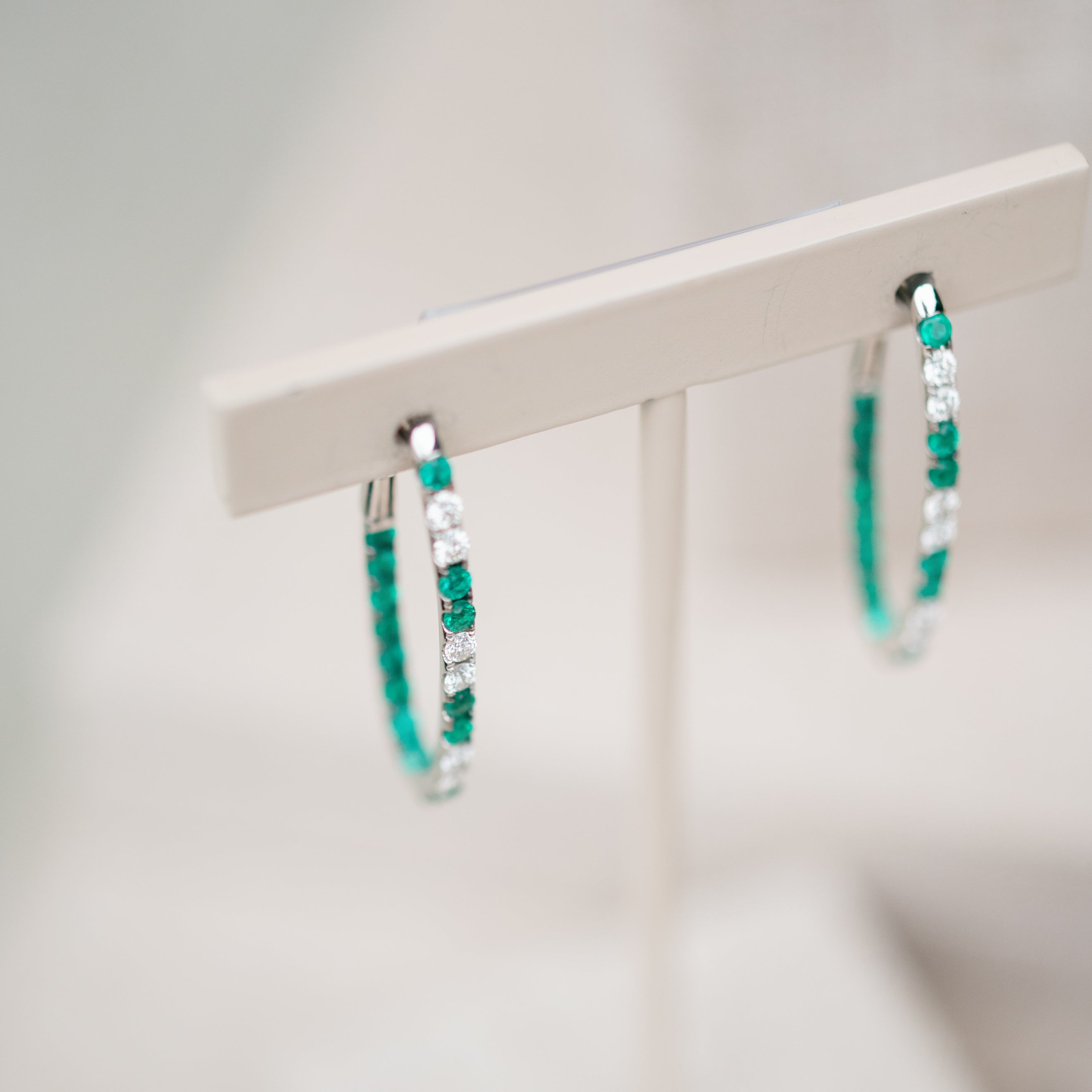 Emerald and Diamond Elongated Hoops
