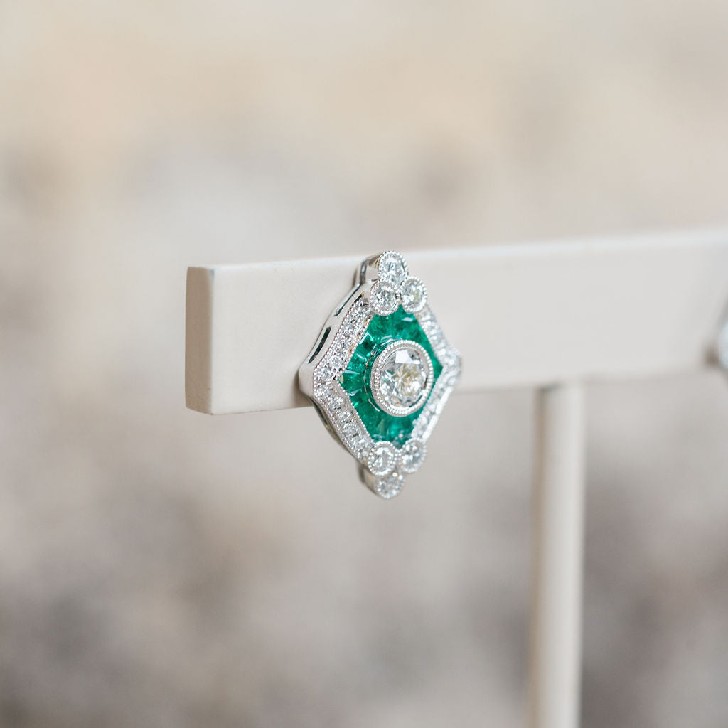 Vintage Inspired Emerald and Diamond Earrings
