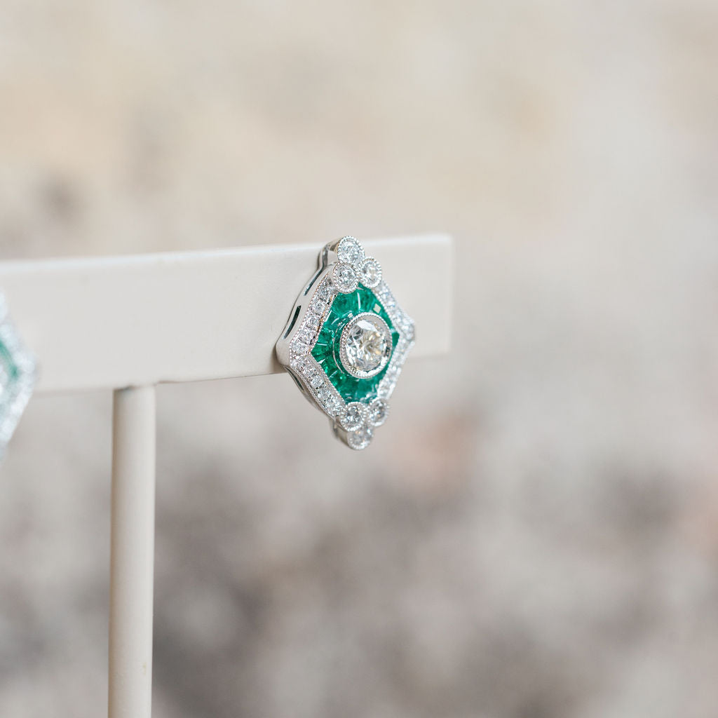 Vintage Inspired Emerald and Diamond Earrings