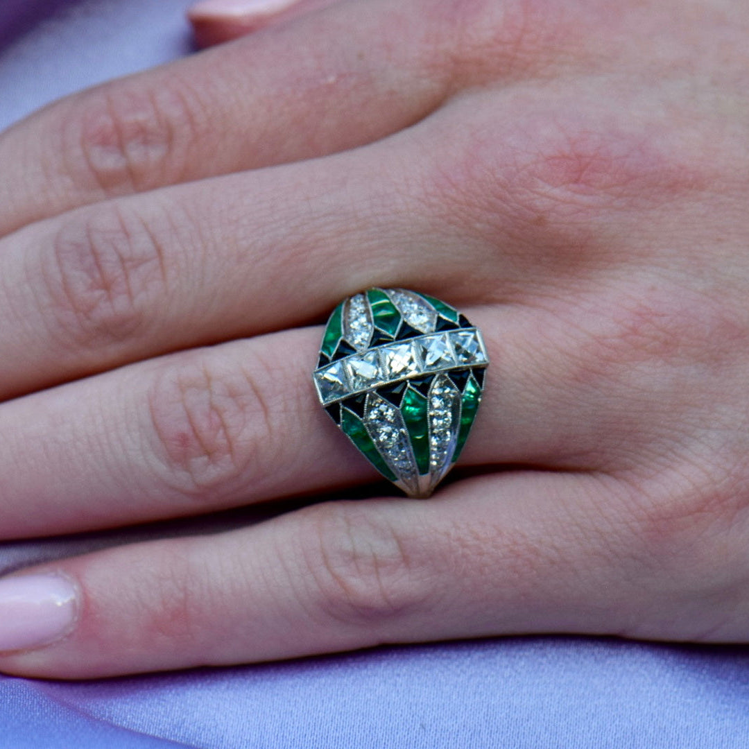 antique french cut diamond emerald and onyx ring