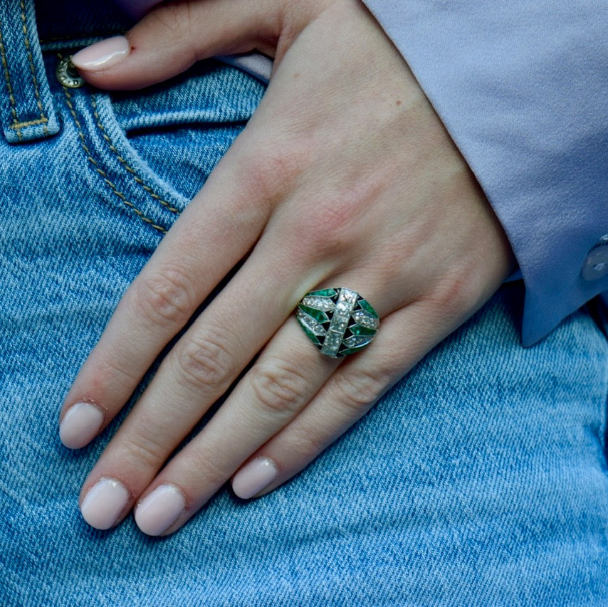 antique french cut diamond emerald and onyx ring