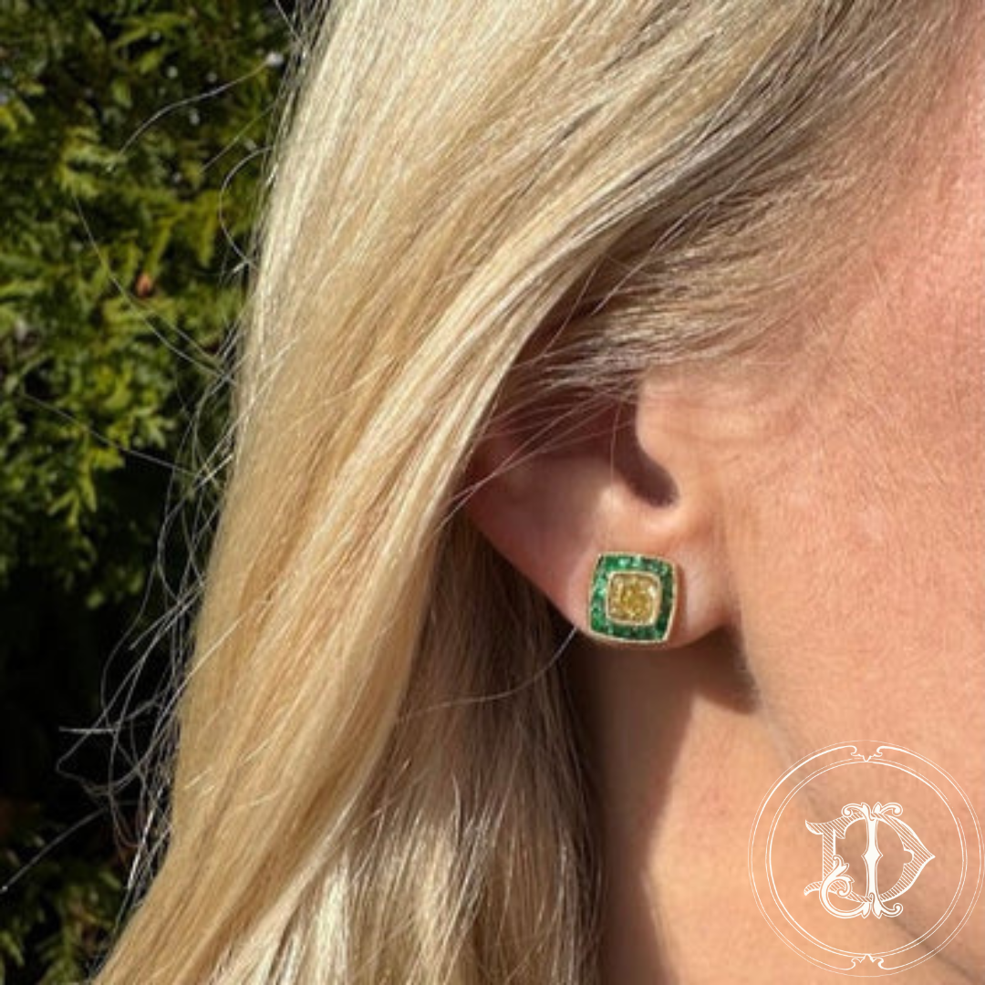 Yellow Diamond and Emerald Halo Earrings