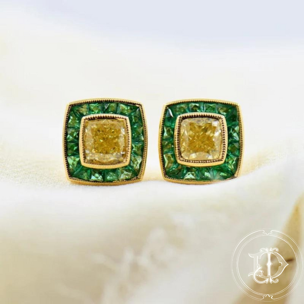 Yellow Diamond and Emerald Halo Earrings