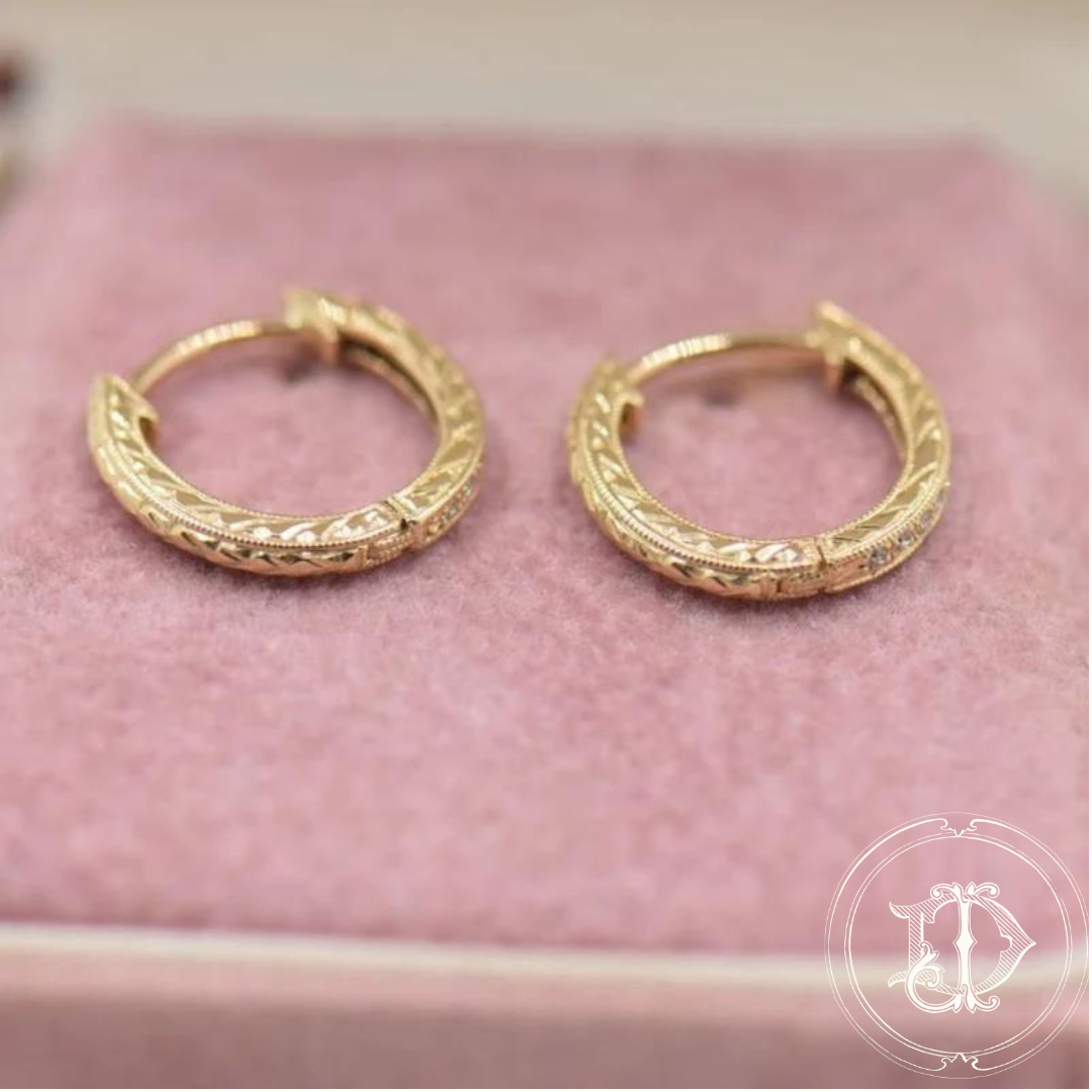 Yellow Gold Diamond Huggies With Hand Engraving