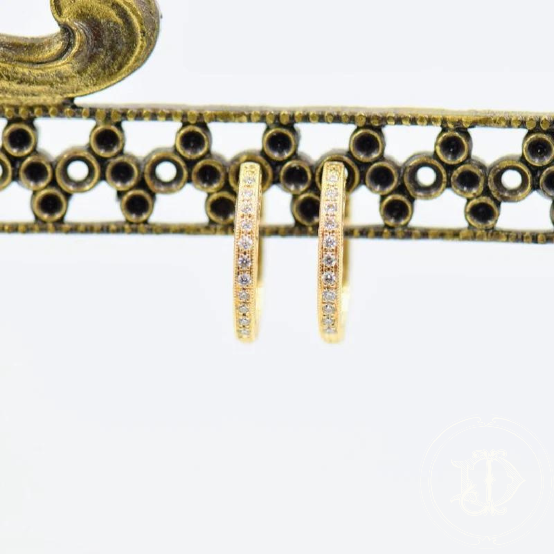 Yellow Gold Diamond Huggies With Hand Engraving
