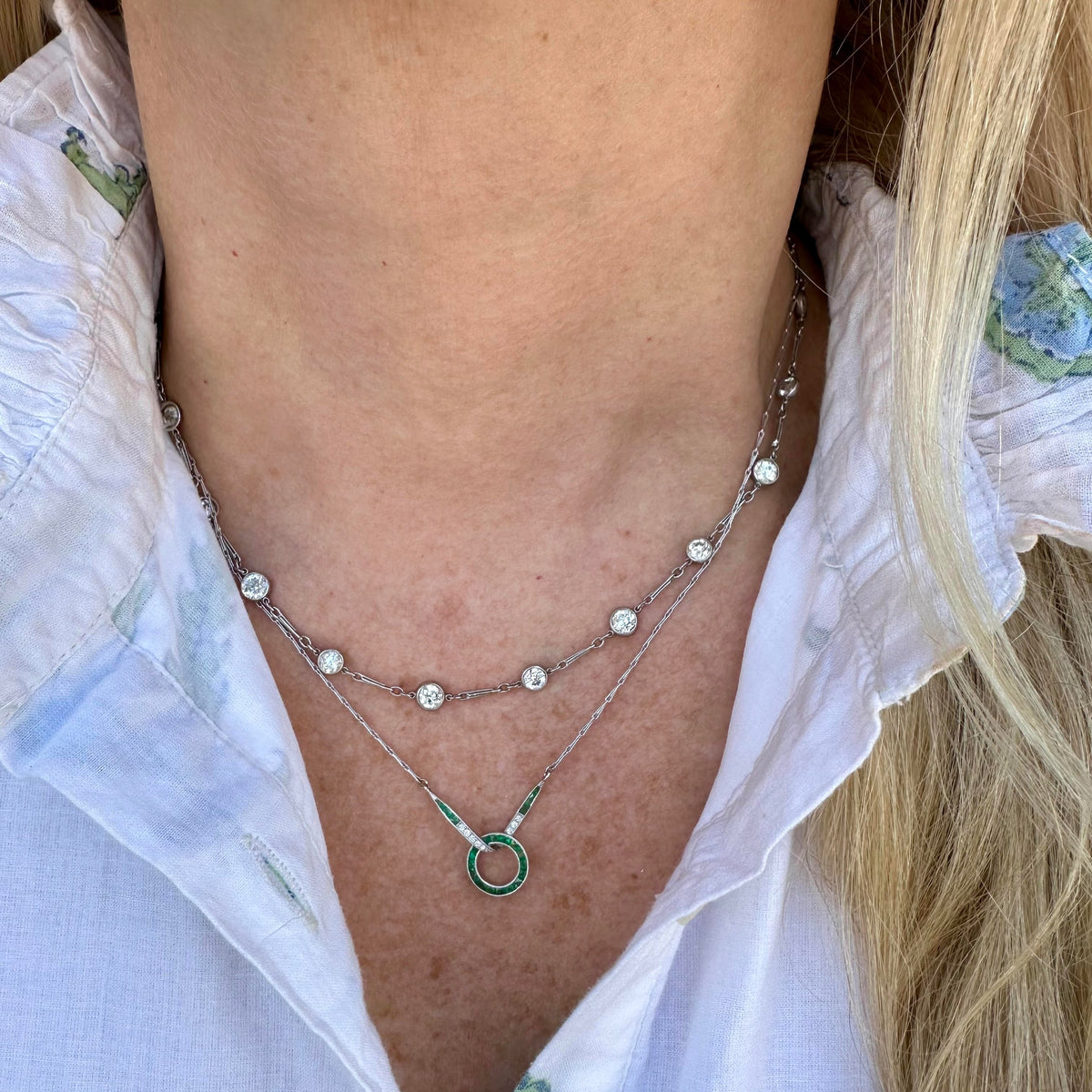 Art Deco Inspired Emerald and Diamond Infinity Necklace