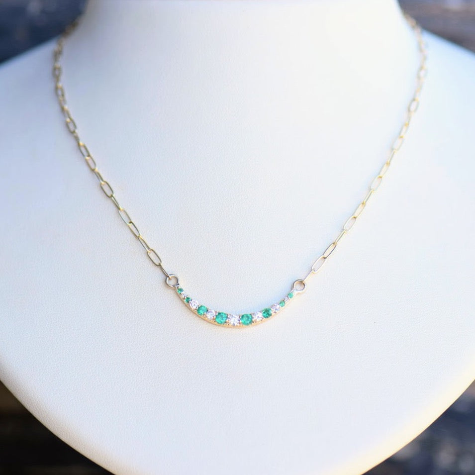 Yellow Gold Diamond and Emerald Crescent Necklace