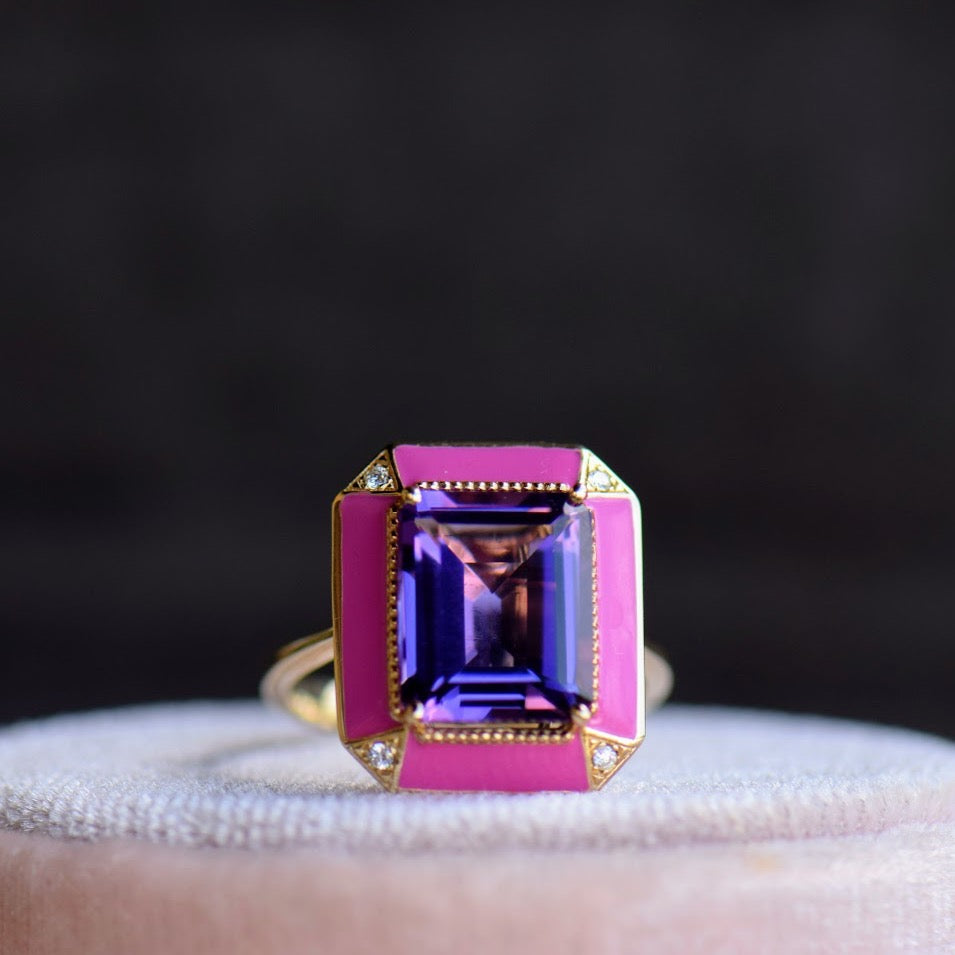 Amethyst and Pink Enamel Ring