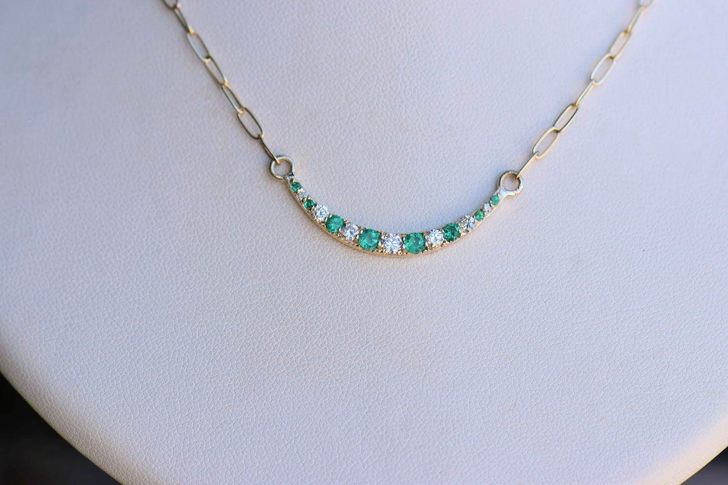 Yellow Gold Diamond and Emerald Crescent Necklace