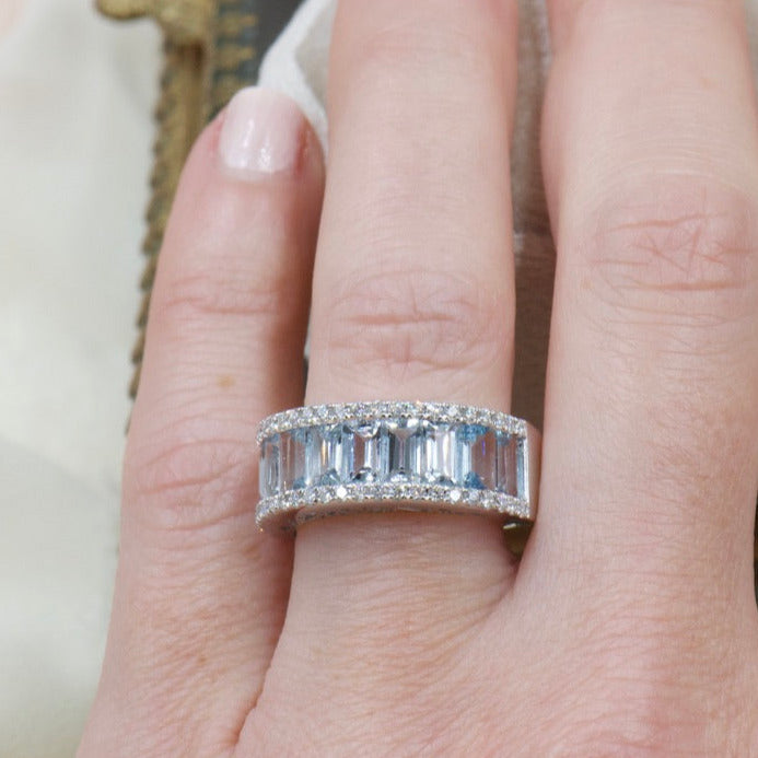 Emerald Cut Aquamarine and Diamond Band