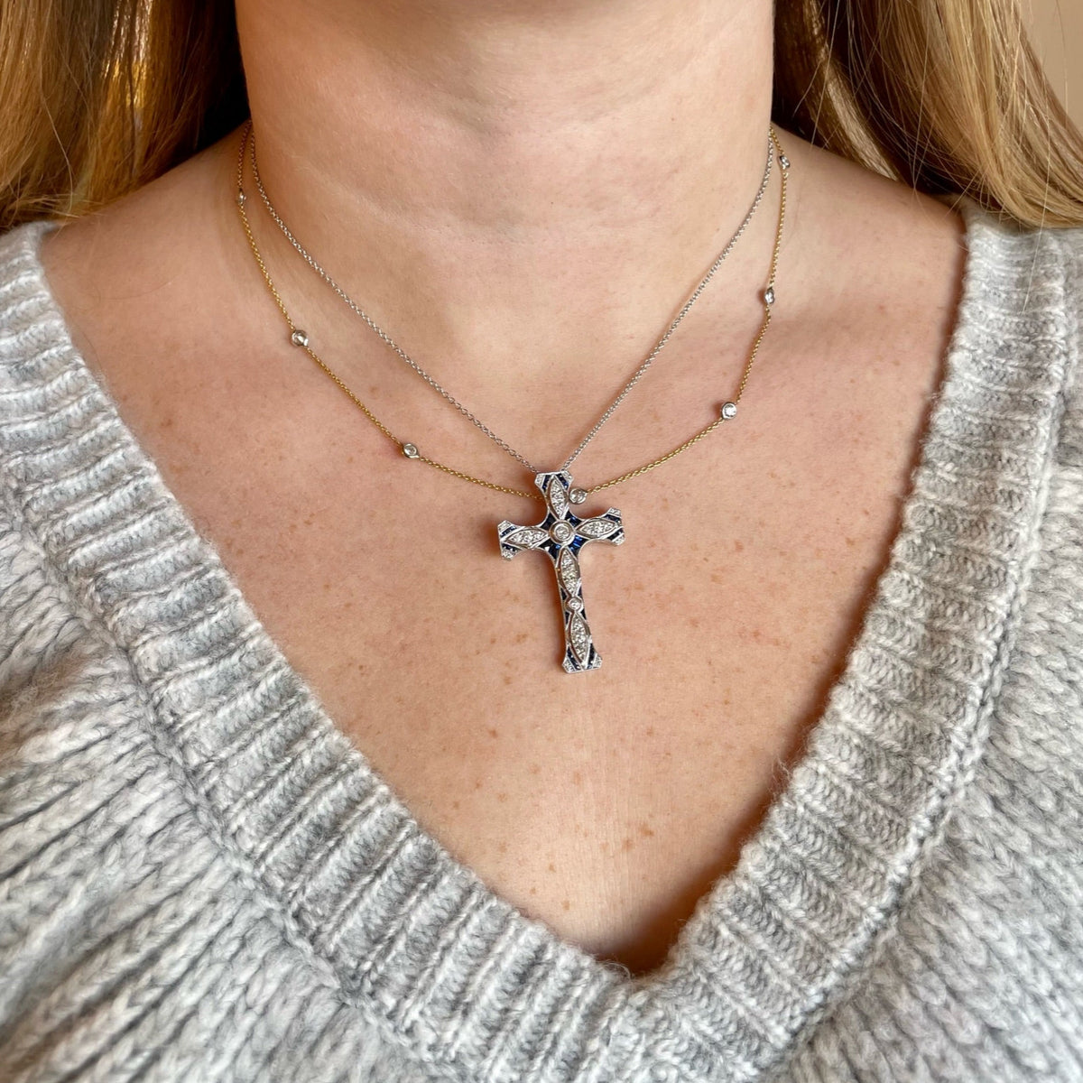 Diamond and Sapphire Cross Necklace