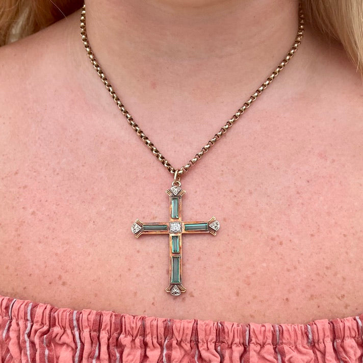 Emerald and Diamond Cross Necklace