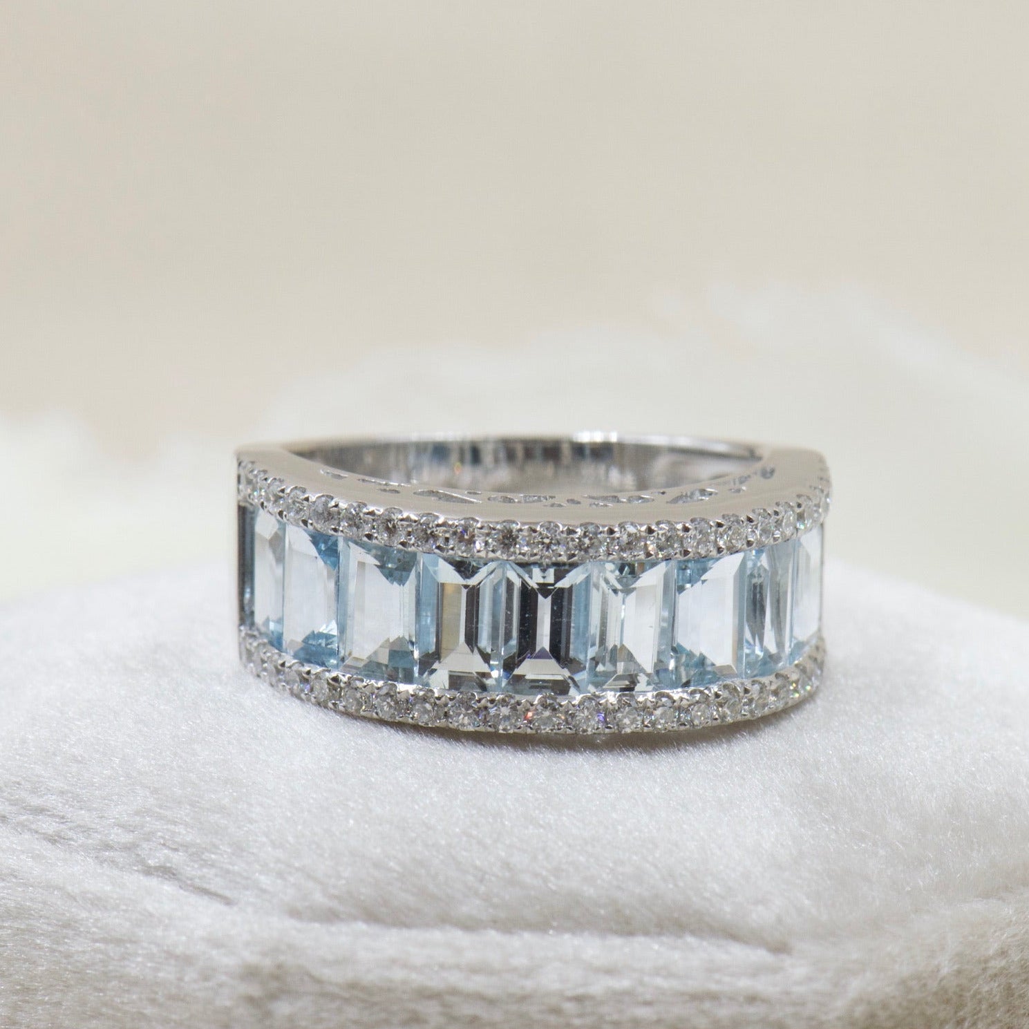 Emerald Cut Aquamarine and Diamond Band