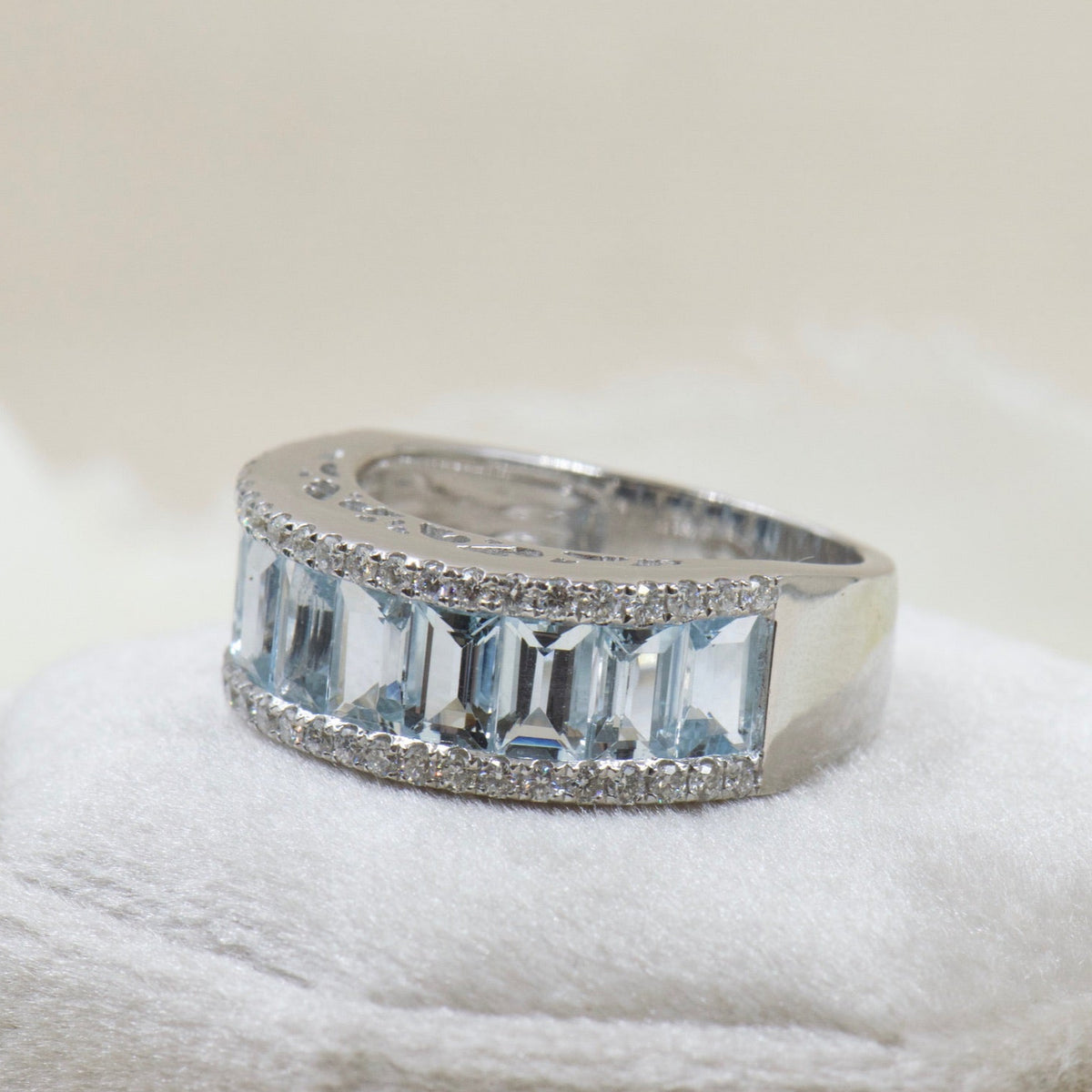Emerald Cut Aquamarine and Diamond Band