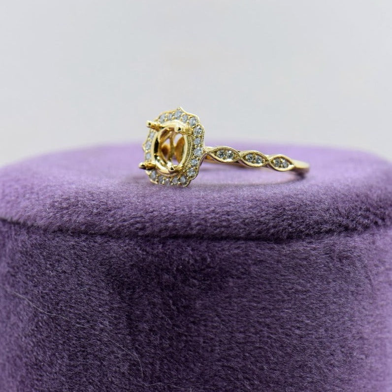 Yellow Gold Vintage Inspired Diamond Halo Semi Mount