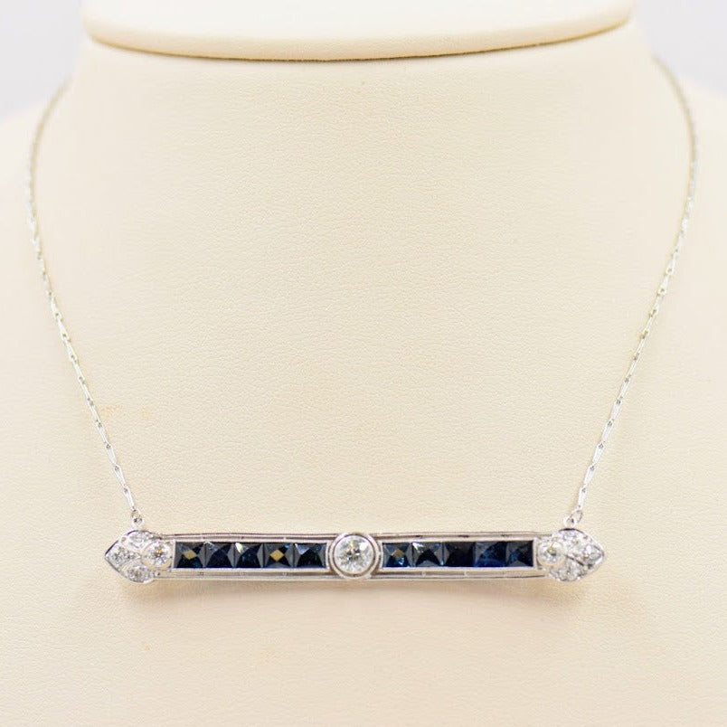 French Cut Sapphire and Diamond Bar Necklace