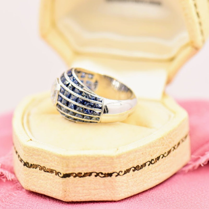 Asscher Diamond and French Cut Sapphire Ring