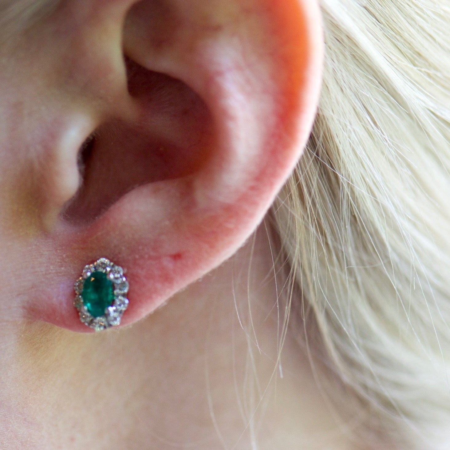 Oval Emerald and Diamond Halo Studs