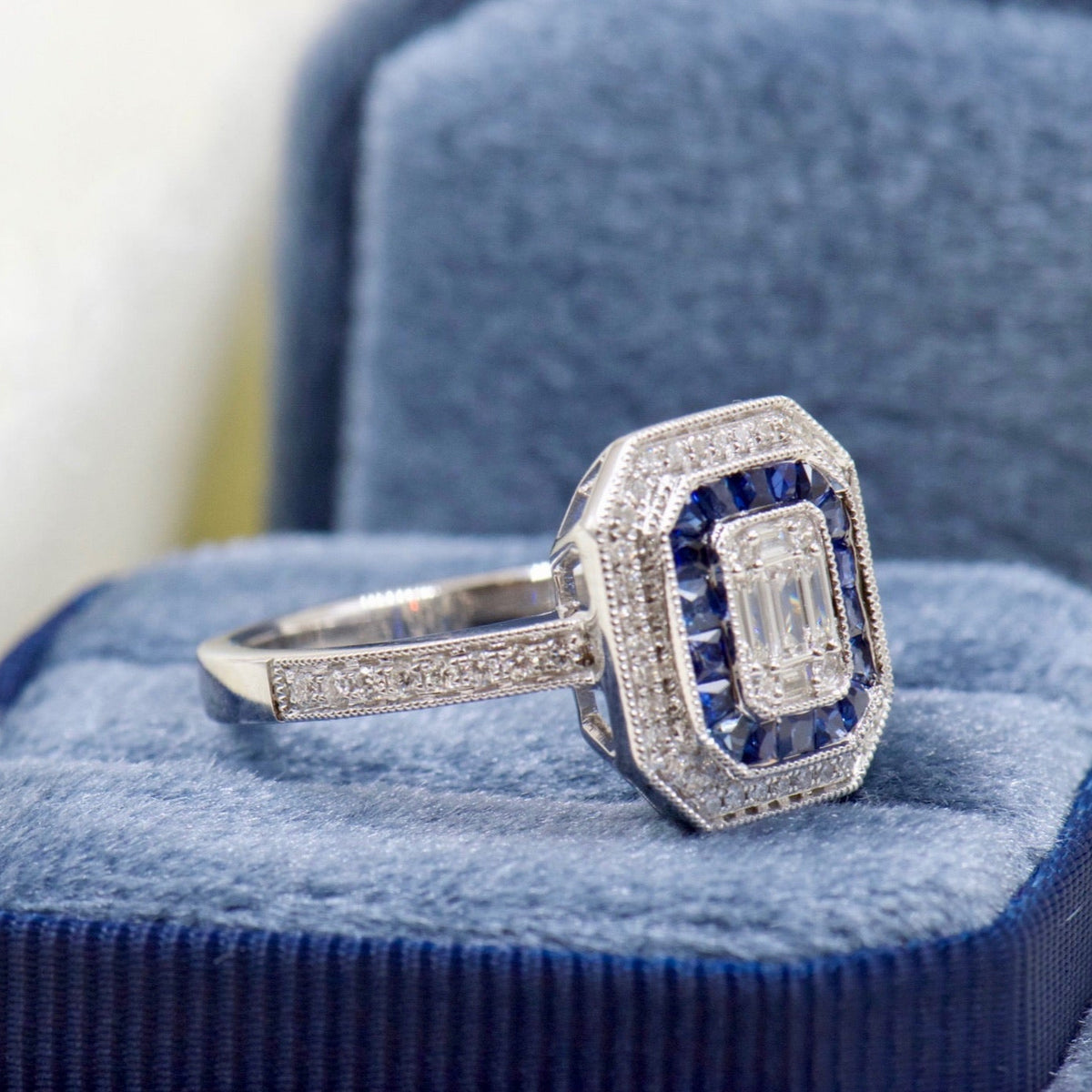 Diamond and Sapphire Double Halo Mosiac Ring