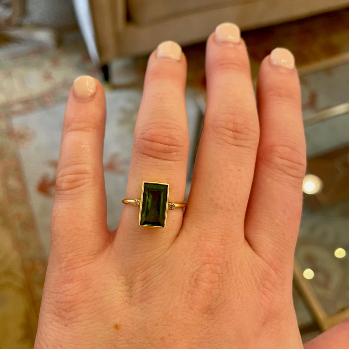 Green Baguette Tourmaline and Diamond Ring