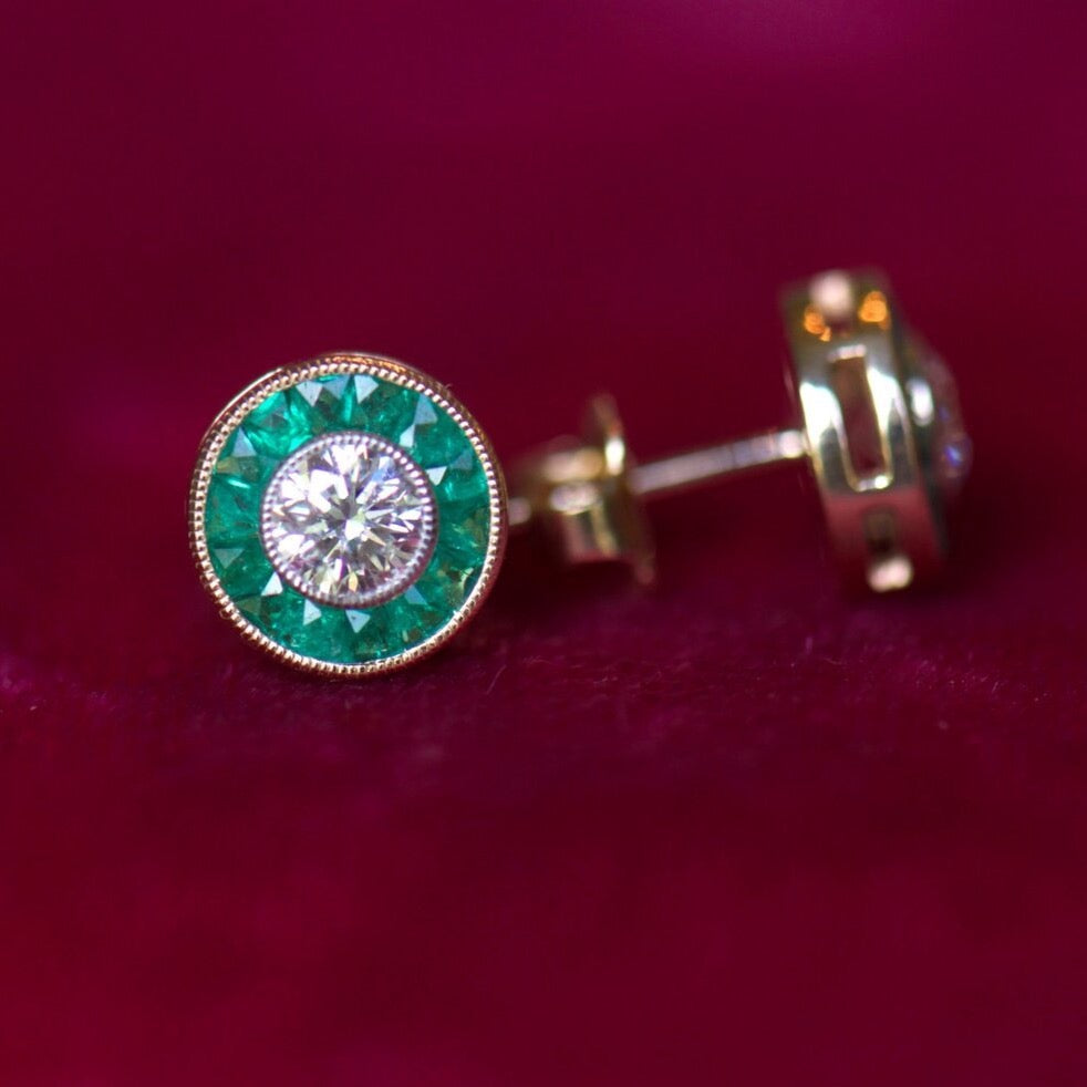 Art Deco Style Diamond and Emerald Target Earrings