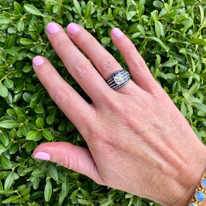 Asscher Diamond and French Cut Sapphire Ring