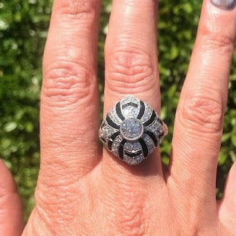 Old European-Cut Diamond and Onyx Ring