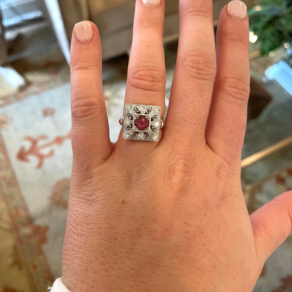 Vintage Pink Tourmaline and Diamond Ring