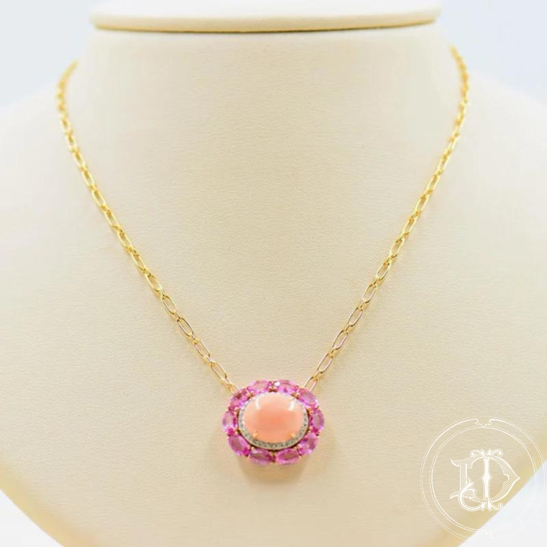 Coral, Pink Sapphire and Diamond Necklace