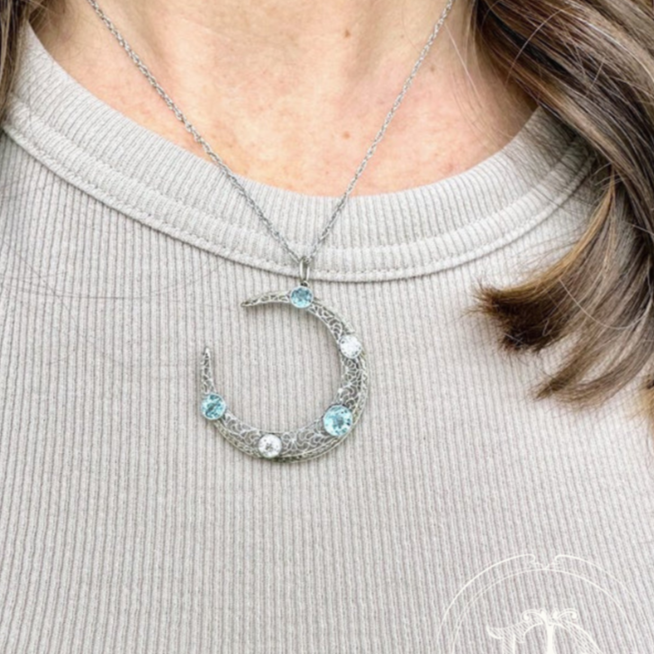 Aquamarine and Diamond Crescent Pendant