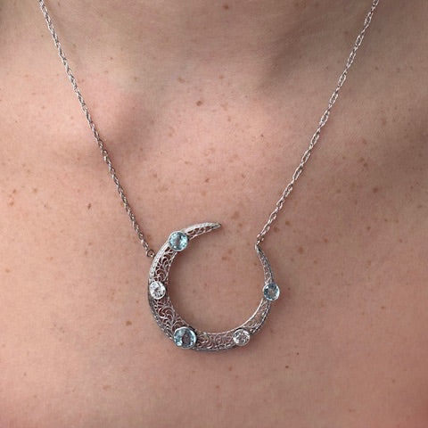 Aquamarine and Diamond Crescent Pendant