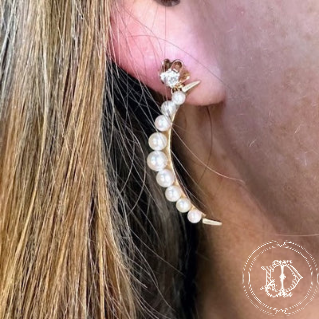 Diamond and Pearl Crescent Earrings