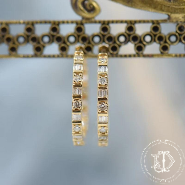 Diamond Baguette and Round diamond Hoop Earrings