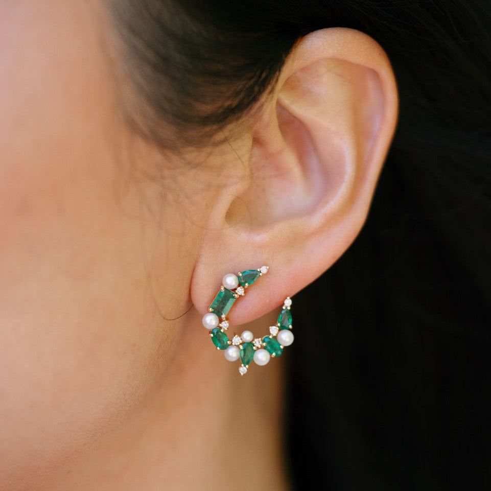 emerald and pearl crescent earrings