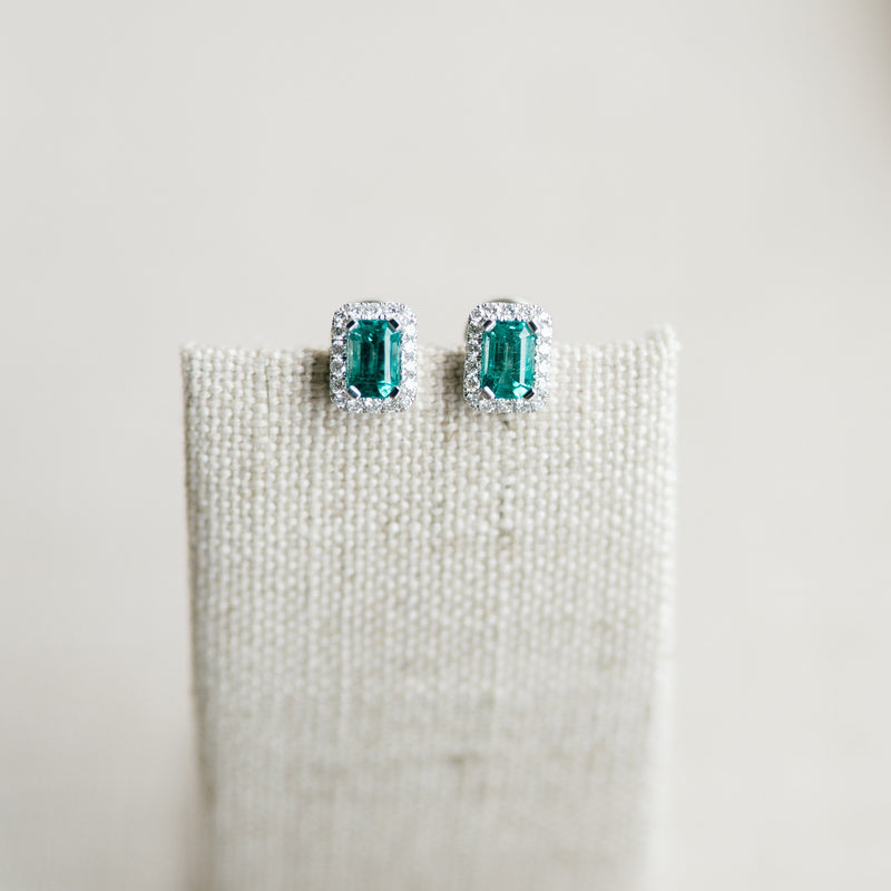 emerald cut emerald and diamond stud earrings