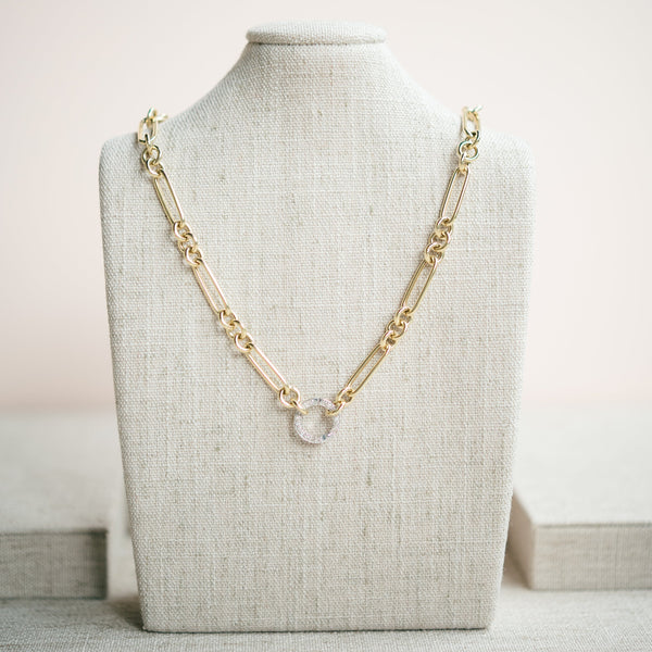 yellow gold figaro necklace with diamond connector