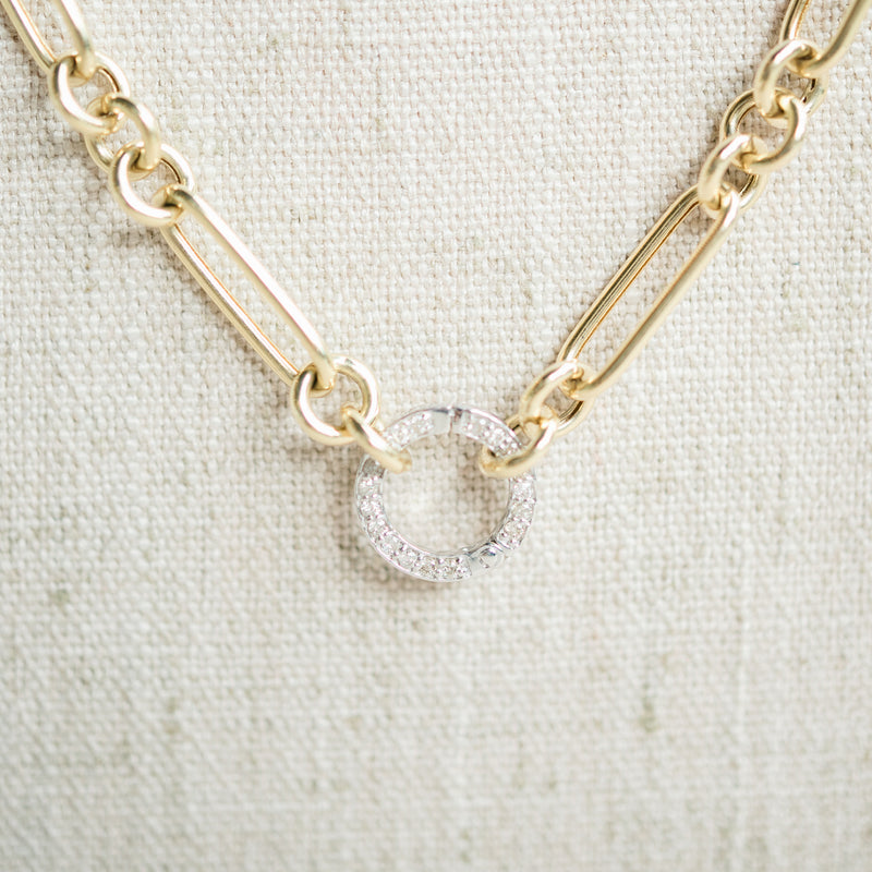yellow gold figaro necklace with diamond connector