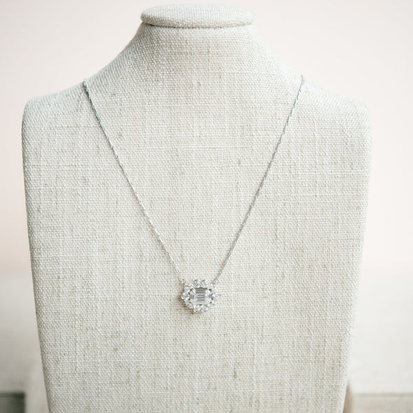 emerald cut diamond with diamond halo necklace