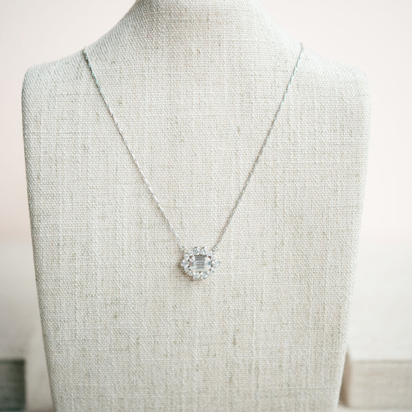 emerald cut diamond with diamond halo necklace