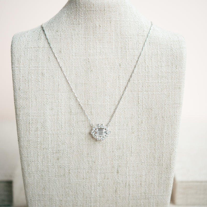 emerald cut diamond with diamond halo necklace