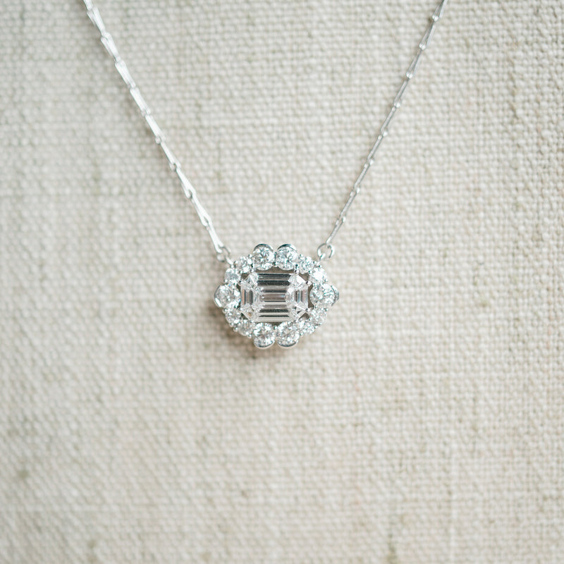 emerald cut diamond with diamond halo necklace