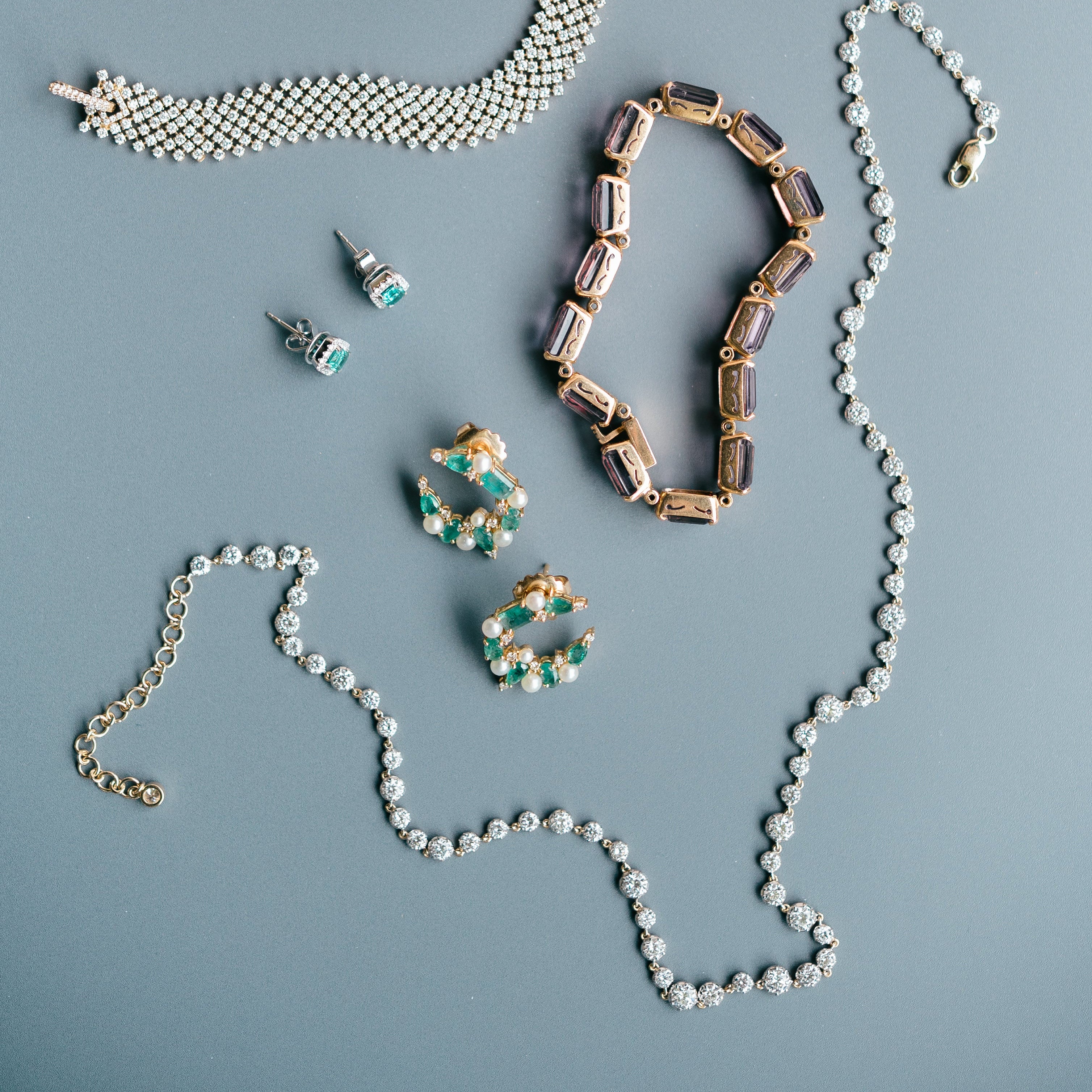emerald and pearl crescent earrings