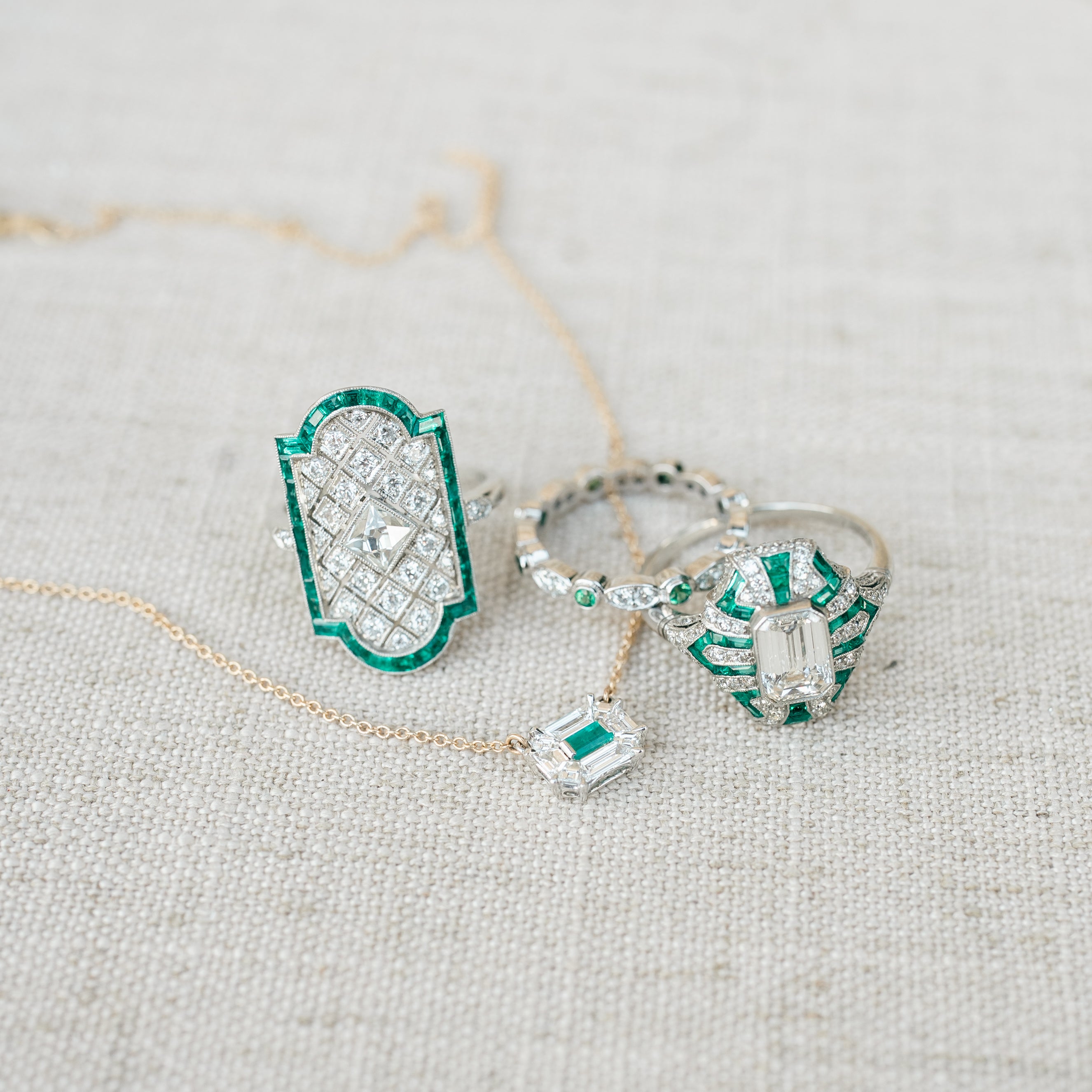 French Cut Diamond and Emerald Ring