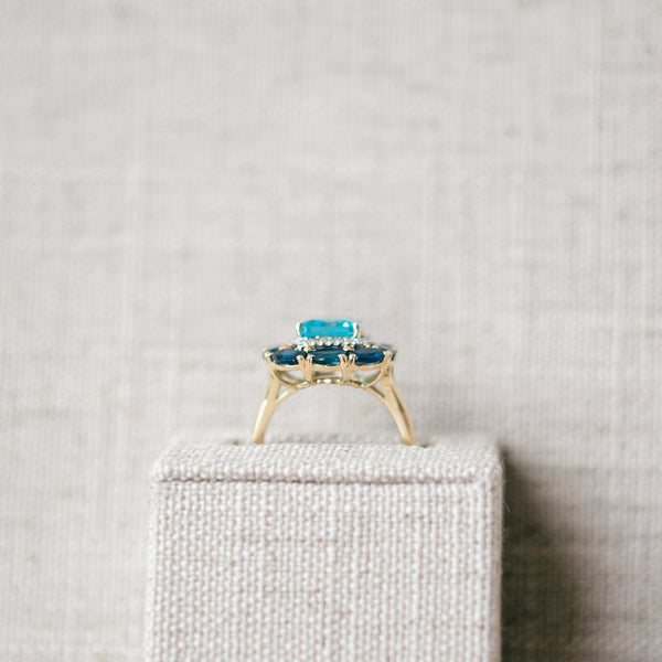 Blue Topaz, diamond and sapphire ring