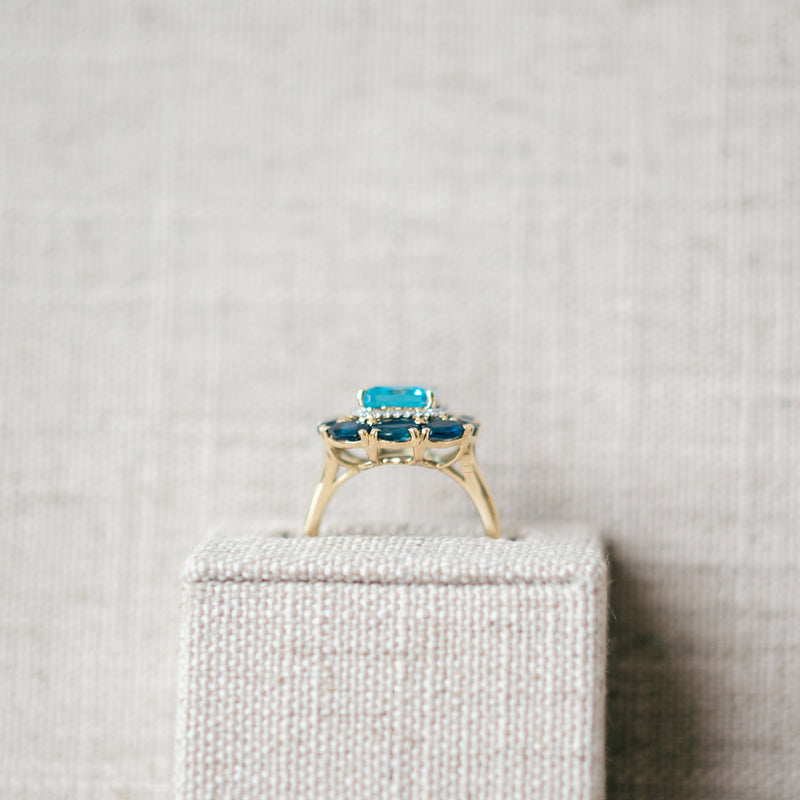 Blue Topaz, diamond and sapphire ring